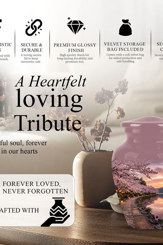 Pink Spring Tree Cremation Urns - Beautiful Nature Sunset Burial Urns