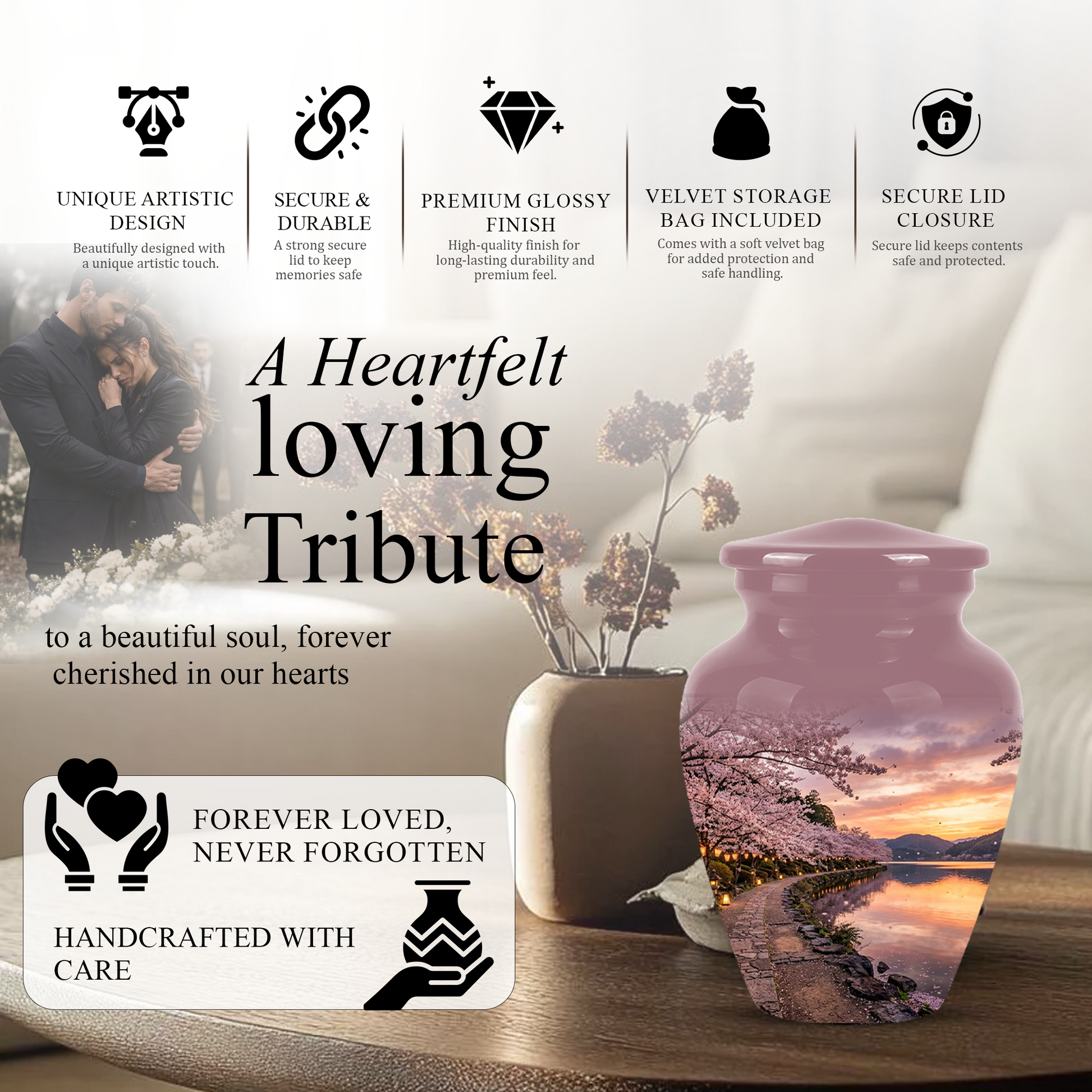 Pink Spring Tree Cremation Urns - Beautiful Nature Sunset Burial Urns