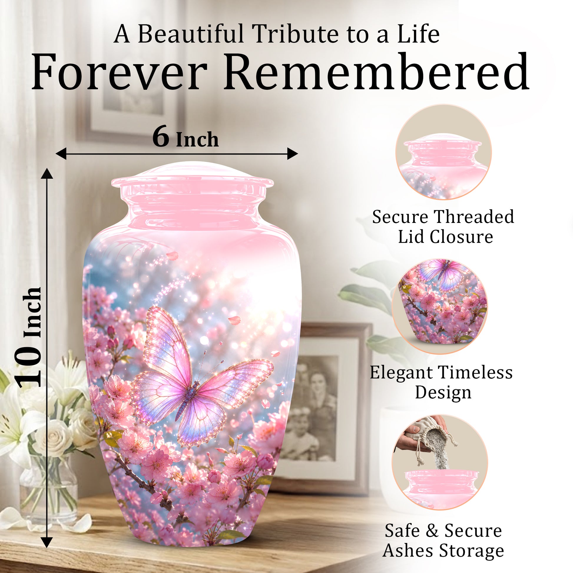 Personalized Pink Butterfly Memorial Urn - Handmade Urns For Mom Ashes