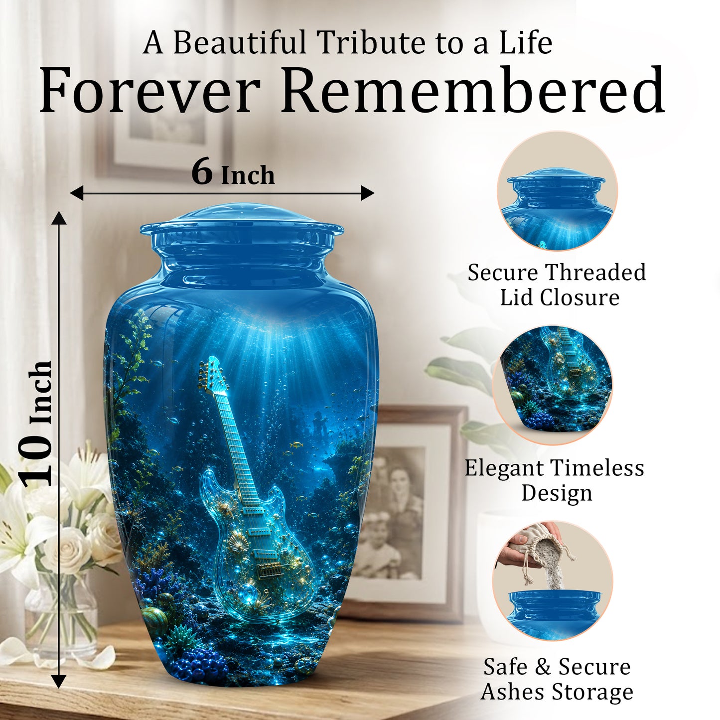 Underwater Guitar Themed Urn -Peaceful Memorial Tribute Urns For Ashes