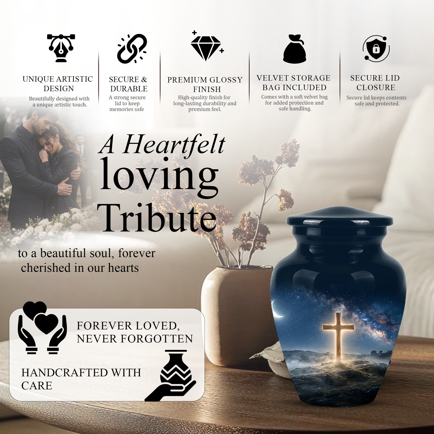 Jesus Cross In Night Sky Urn - Artistic Funeral Memorial Urns For Human Ashes