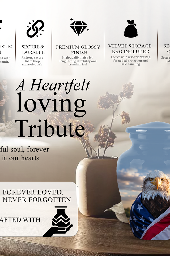 Bald Eagle Draped in American Flag - Patriotic Burial Urns For Human Ashes