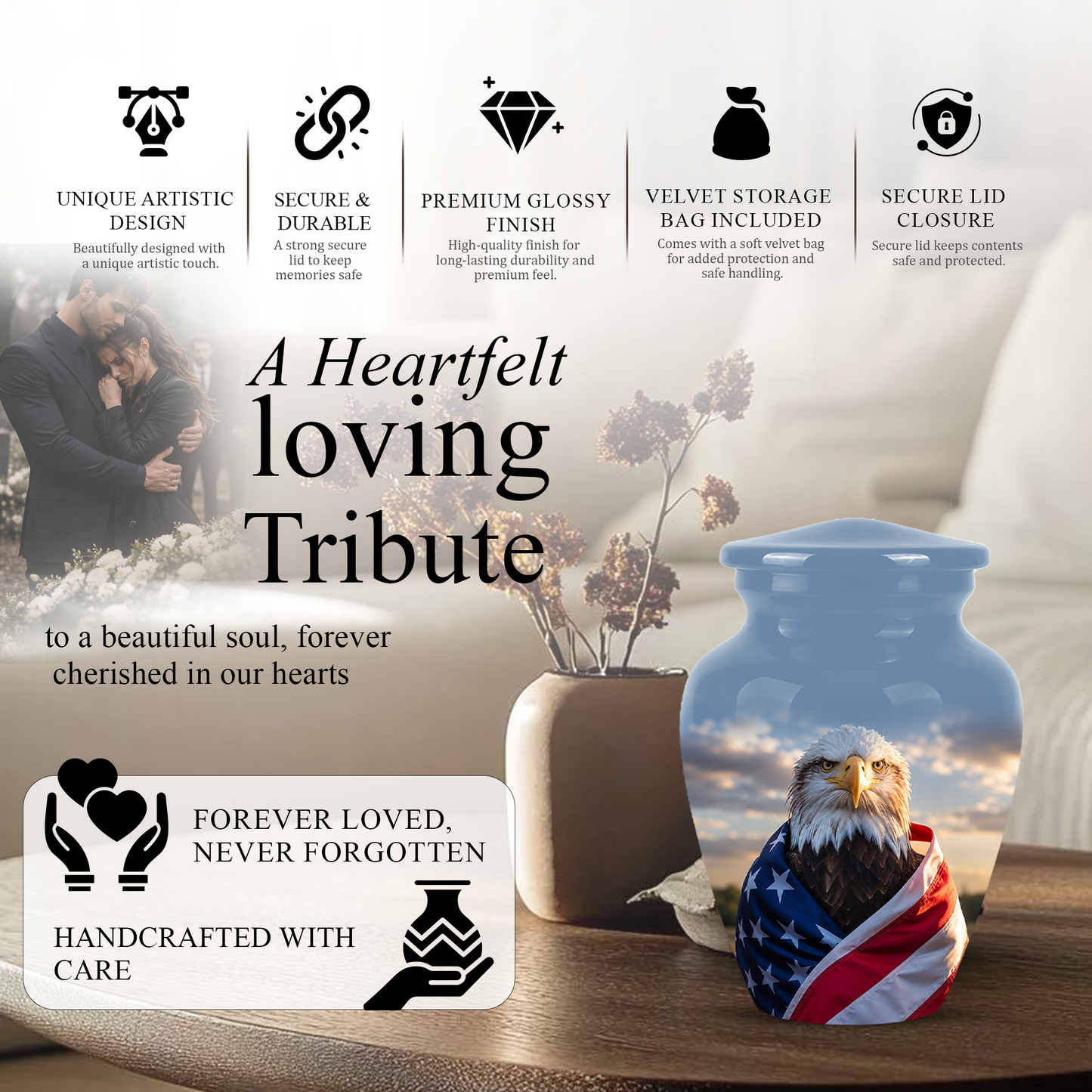 Bald Eagle Draped in American Flag - Patriotic Burial Urns For Human Ashes