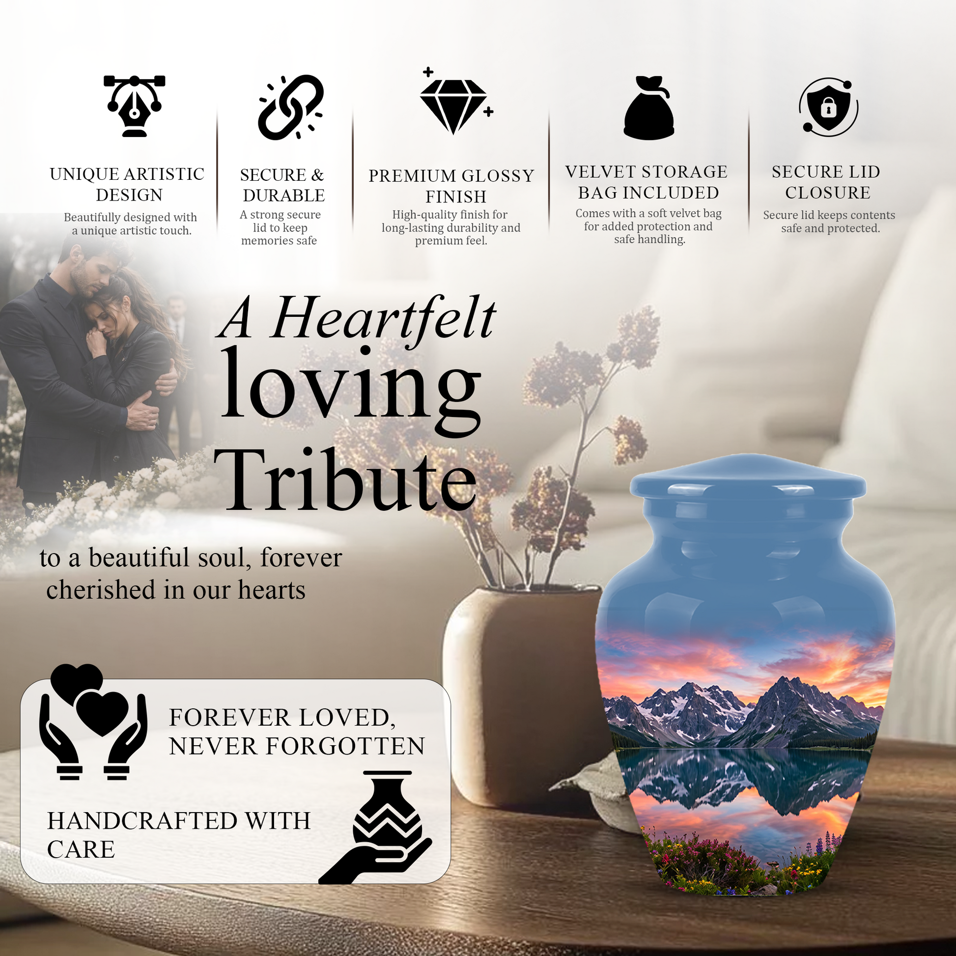 Mountain Lake Burial Urns - Sunset Scenic Cremation Urns For Nature Lovers