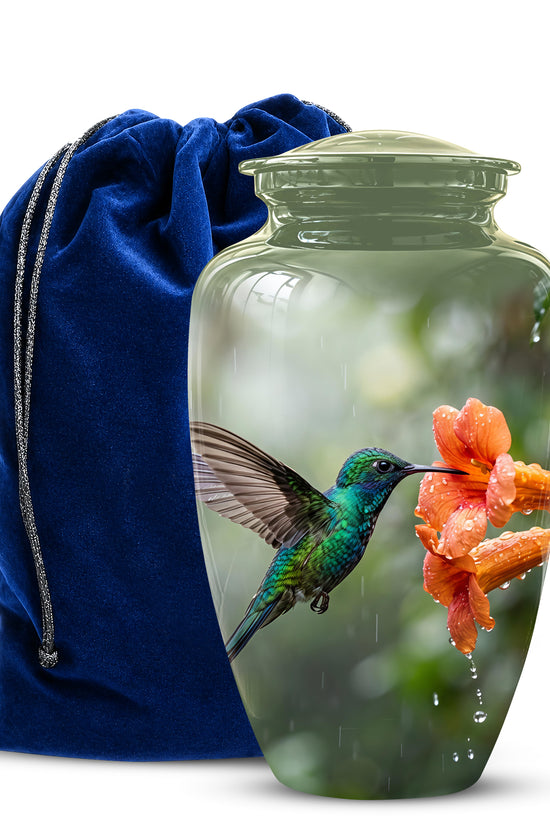Glass urn with a hummingbird and flower design next to a blue drawstring bag on a white background