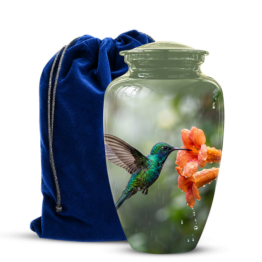 Glass urn with a hummingbird and flower design next to a blue drawstring bag on a white background