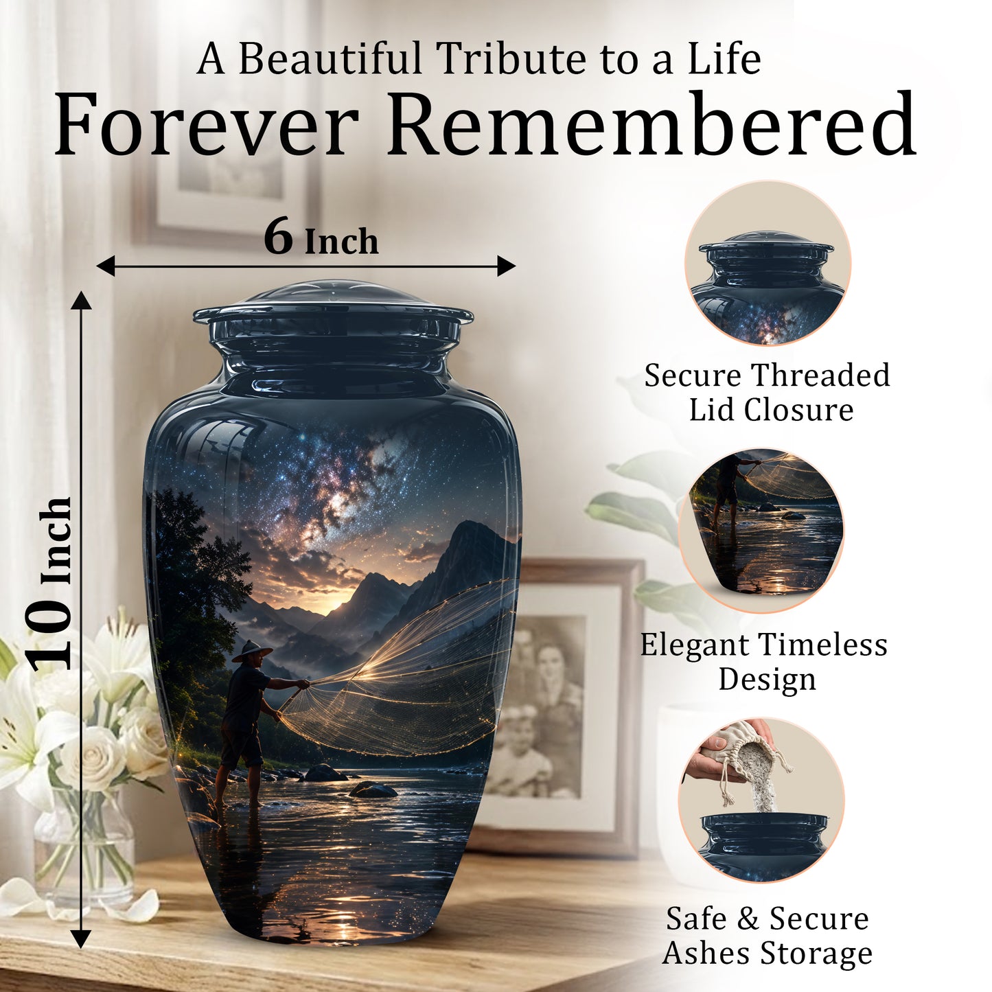 Fisherman Cremation Urn - Night Sky Memorial Urns For Human Ashes