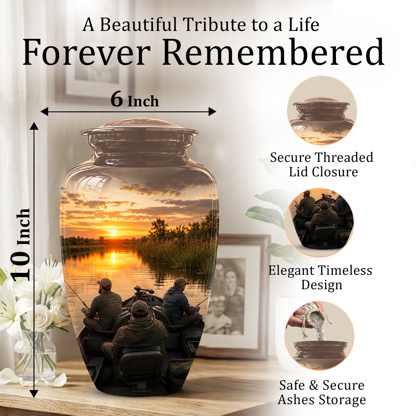 Fisherman Sunset Cremation Urn - Personalized Burial Urns For Ashes
