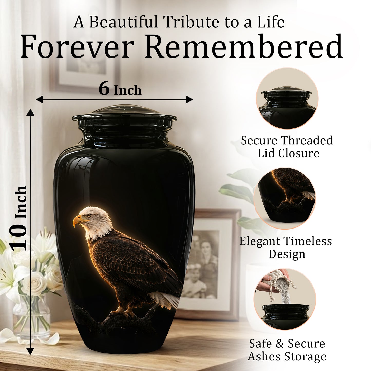Bald Eagle Cremation Urn - Personalized Black Urns For Human Ashes