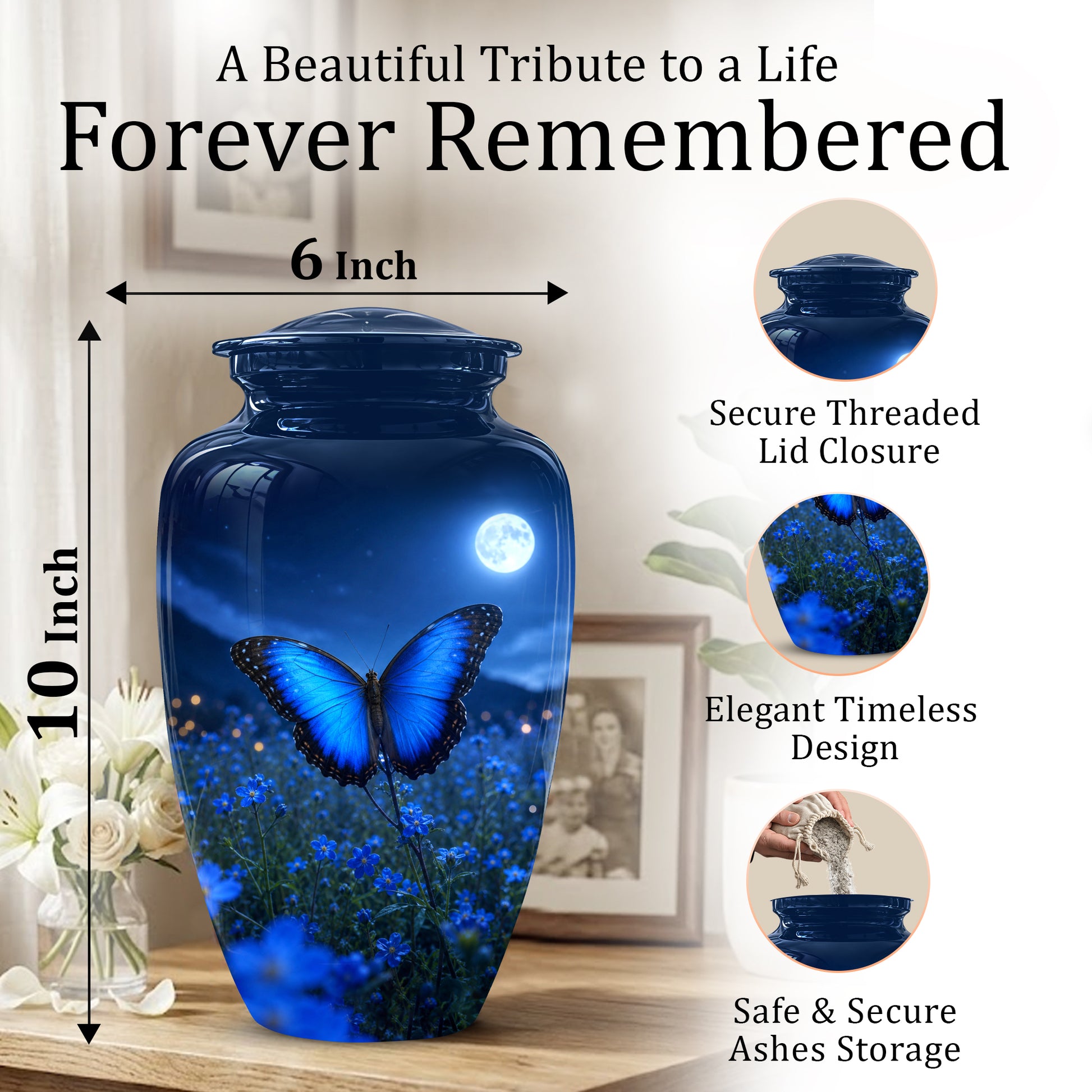 Personalized Blue Butterfly Cremation Urn - Handcrafted Urns For Mom
