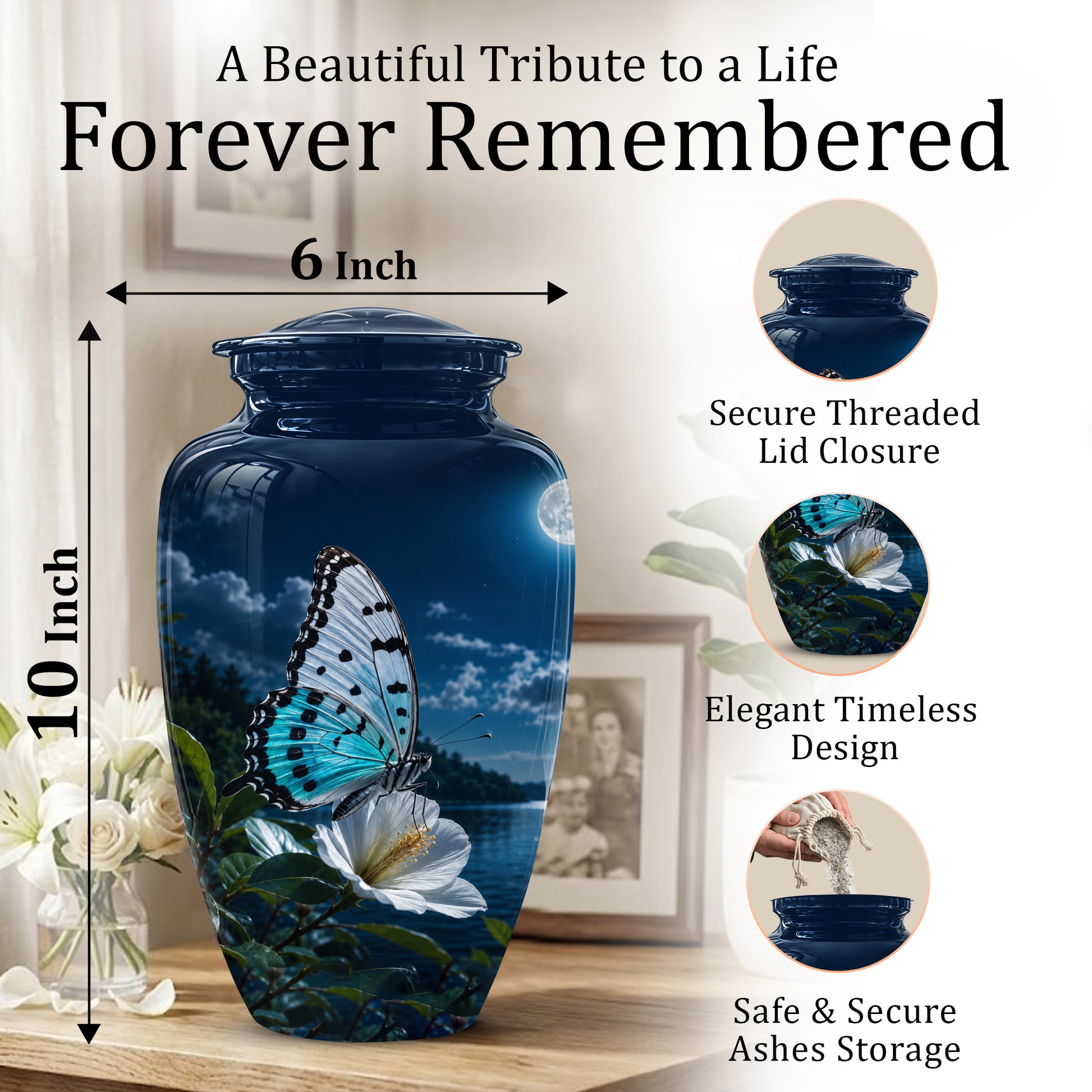 Colorful Butterfly On Flower Urn For Mom - Moonlight Memorial Urns