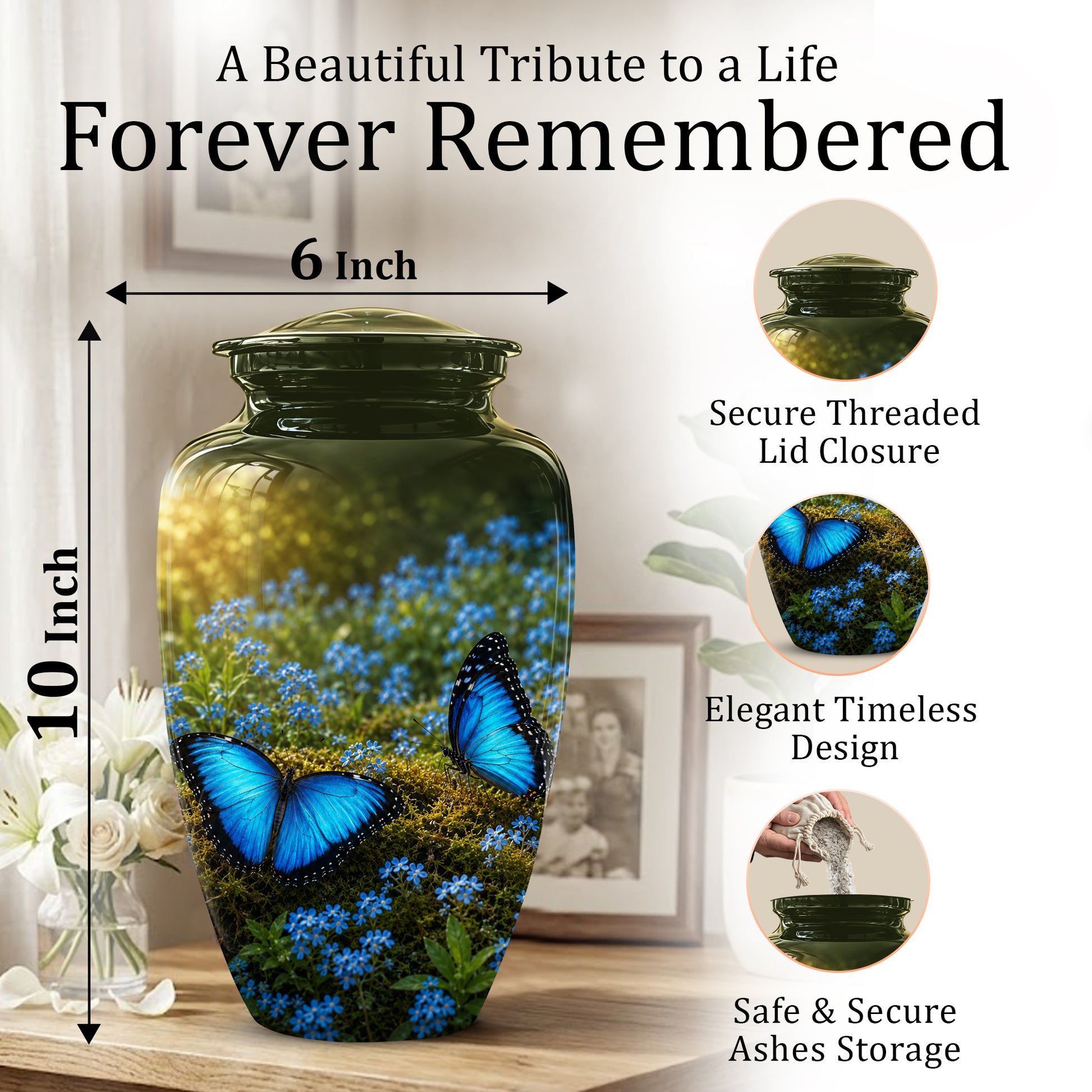 Handcrafted Blue Butterfly Memorial Urn - Elegant Funeral Urns For Mom