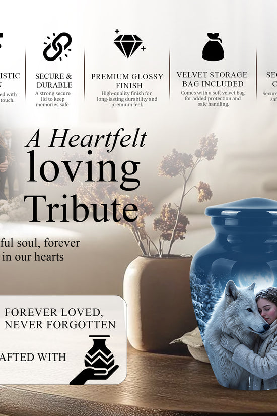 Moonlit White Wolf Cremation Urn for Ashes | Personalized Memorial