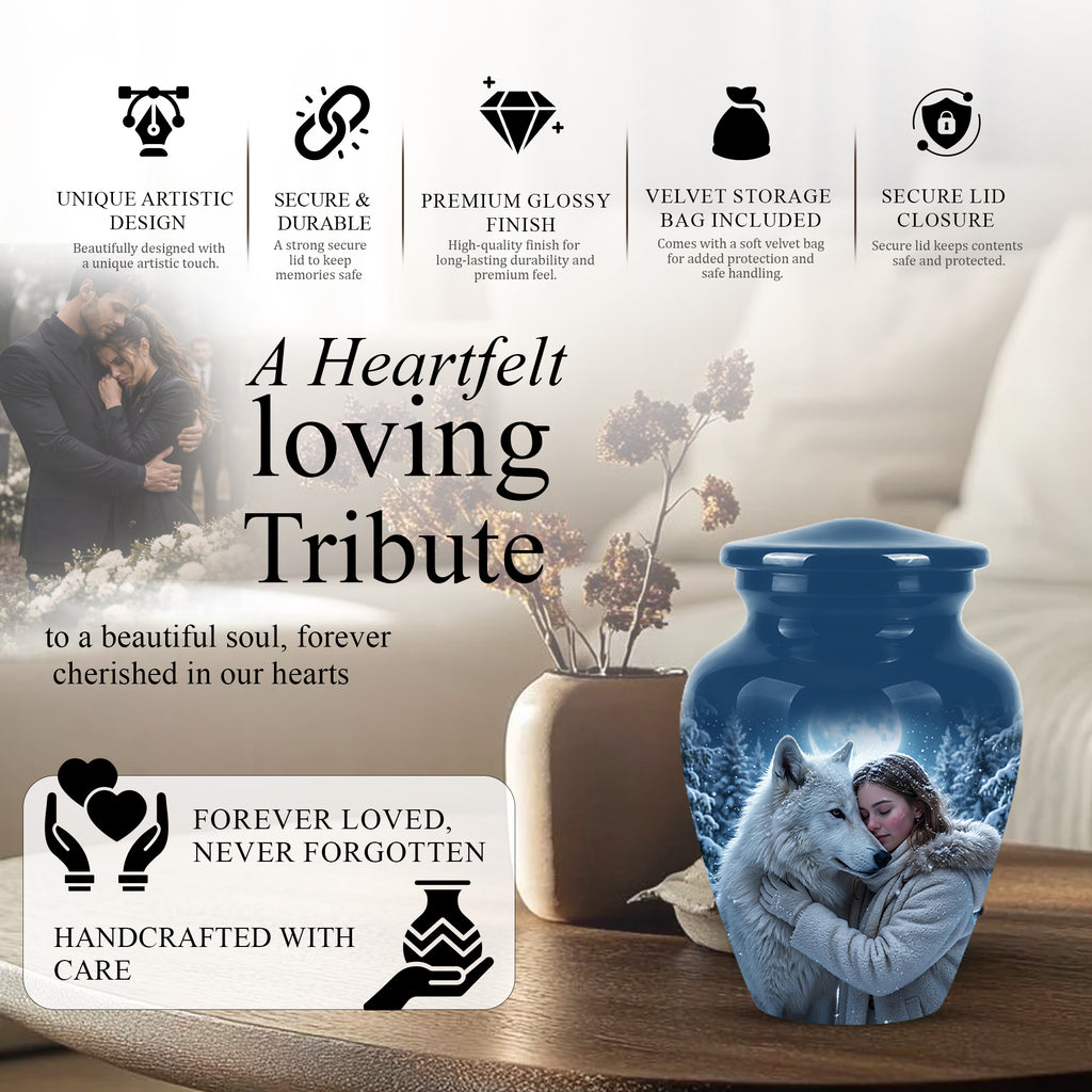 Moonlit White Wolf Cremation Urn for Ashes | Personalized Memorial