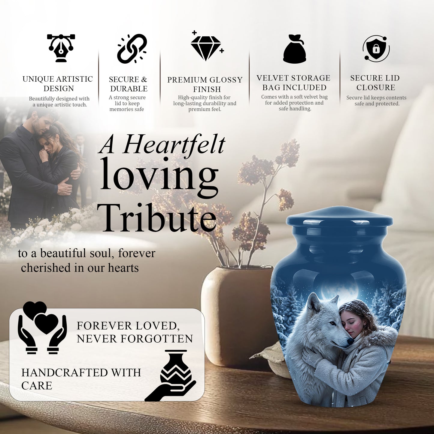 Moonlit White Wolf Cremation Urn for Ashes | Personalized Memorial