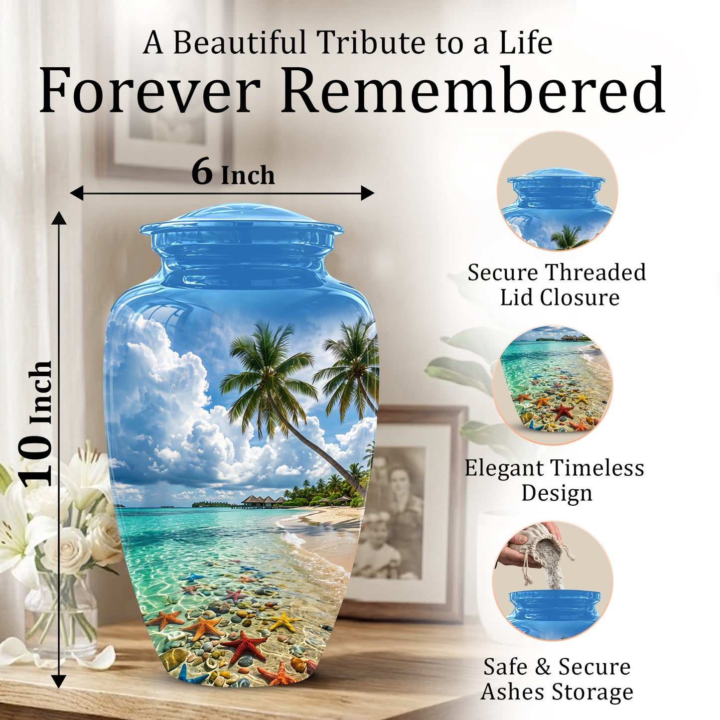 Beach Themed Burial Urn - Blue Sky Memorial Urns For Human Ashes