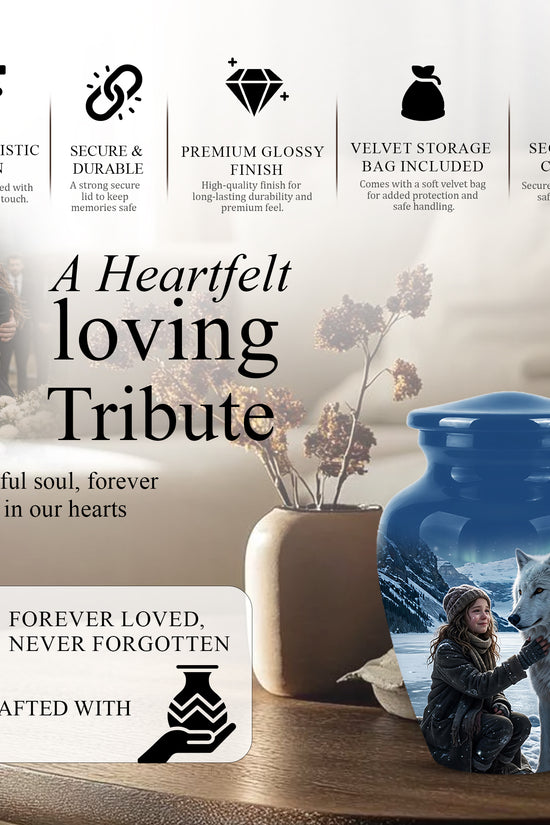 Snowy Moonlit White Wolf Urn for Ashes | Custom Memorial Urn