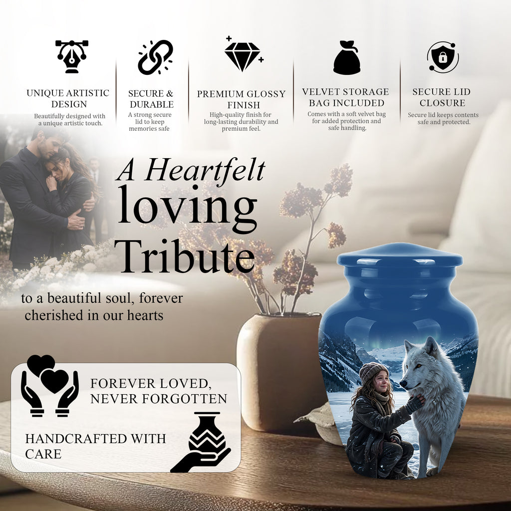 Snowy Moonlit White Wolf Urn for Ashes | Custom Memorial Urn