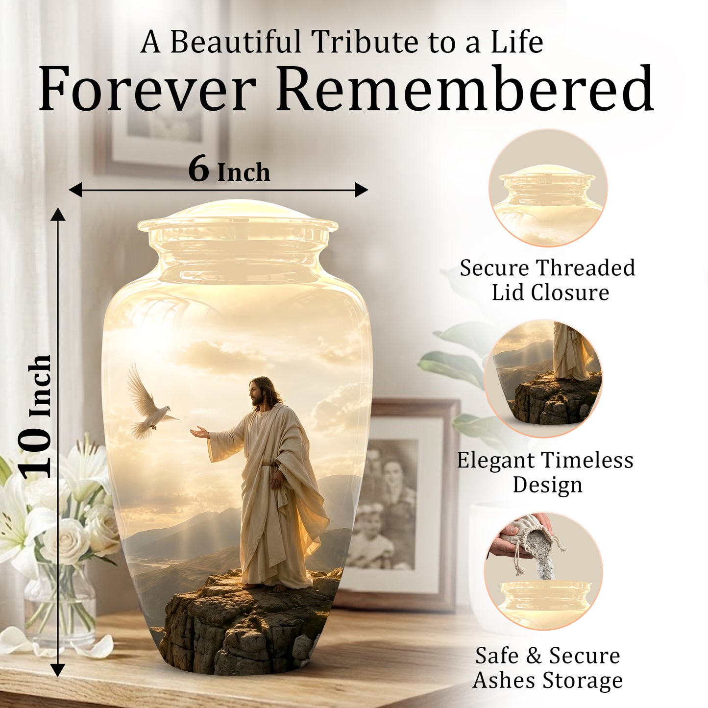Jesus With Dove Themed Urn - Peaceful Eternal Rest Urn For Human Ashes