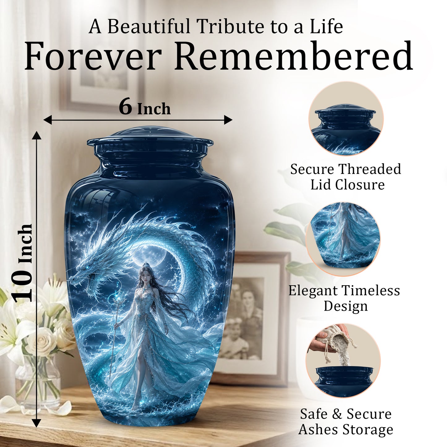 Dragon And Moon Goddess Fantasy Urn - Artistic Memorial Urns For Ashes
