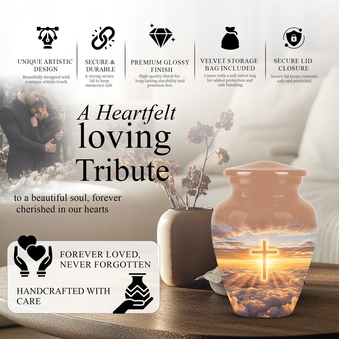 Christian Cross in Sky Cremation Urn - Beautiful Artistic Burial Urns For Ashes