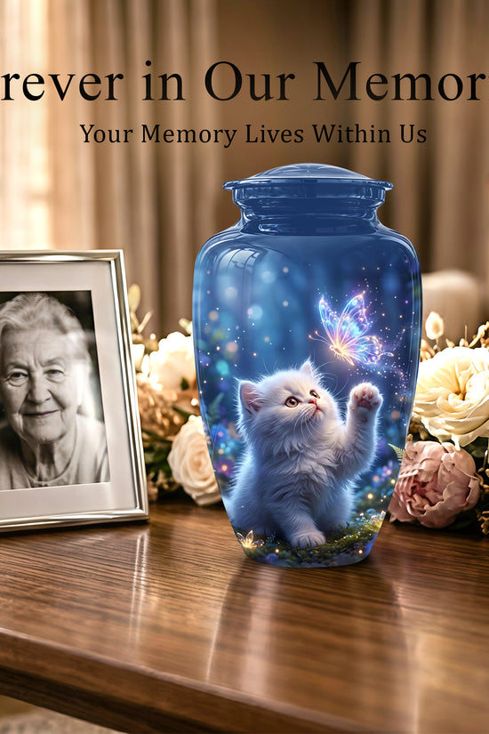 White Cat With Majestic Butterfly - Blue Cremation Urns For Human Ashes