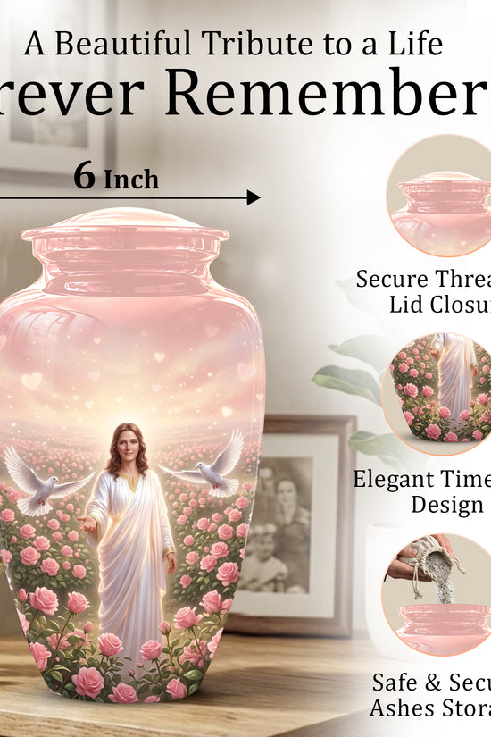 Jesus Christ And Roses Cremation Urn - Dove Memorial Urn For Ashes