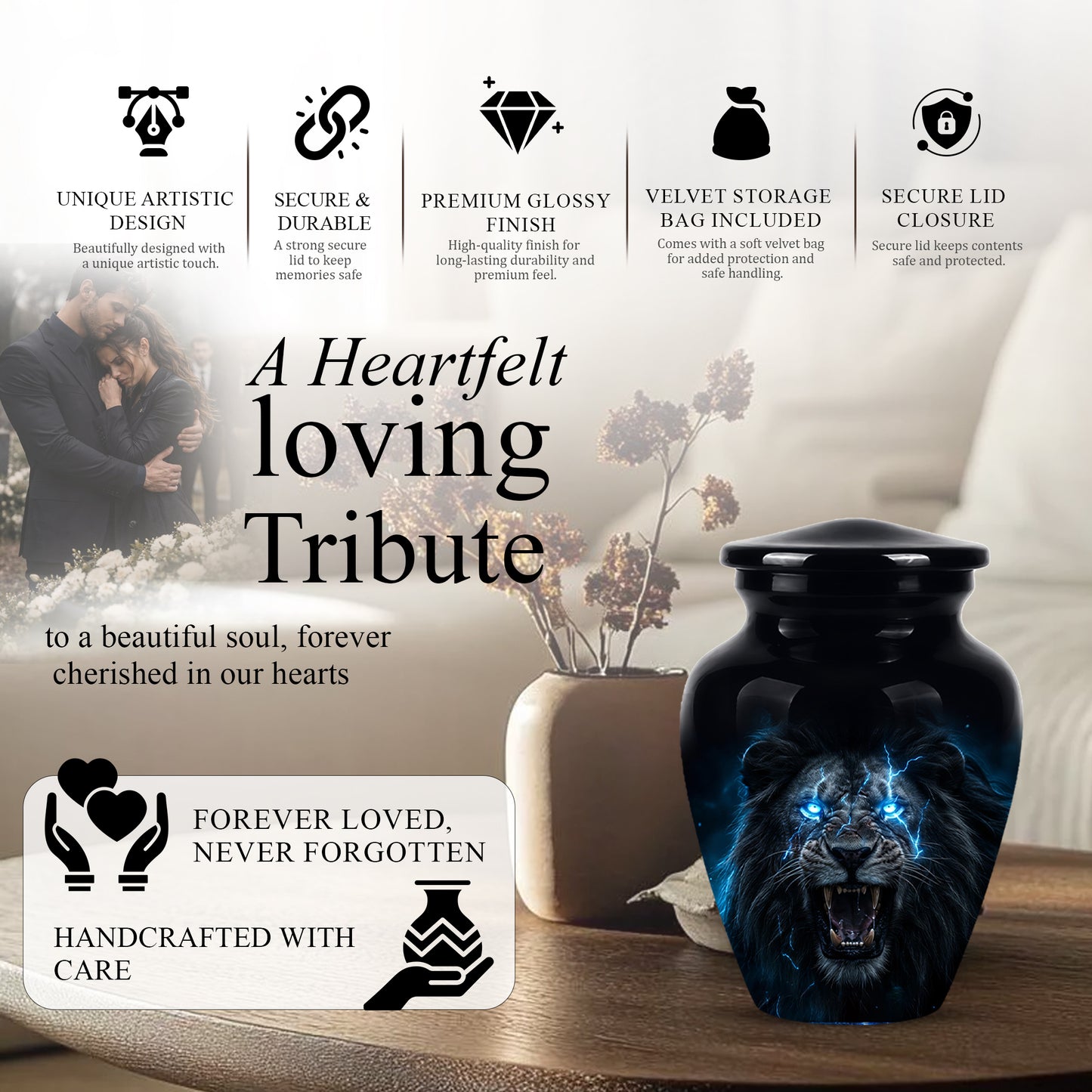 Black Lion Memorial Urns - Custom Handmade Burial Urns For Human Ashes