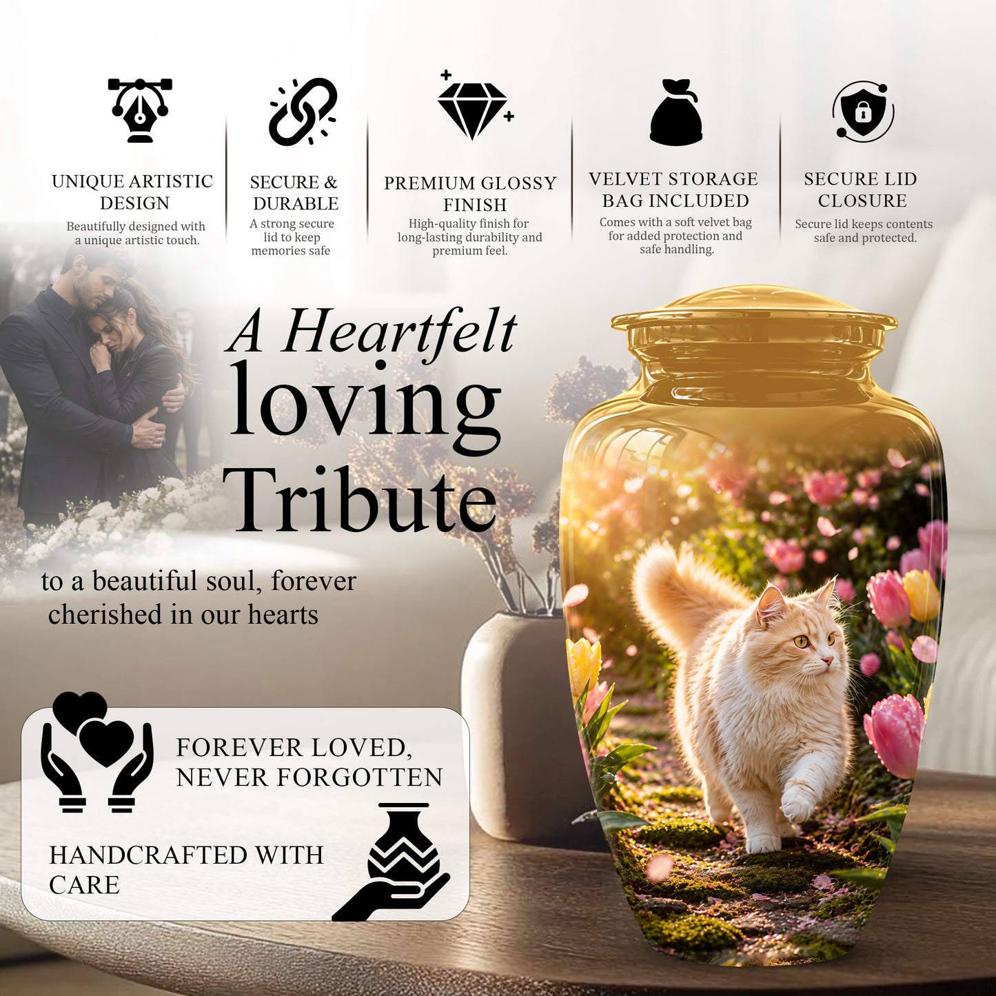 Brown Cat Cremation Urn - Custom Handcrafted Burial Urns For Pet Ashes