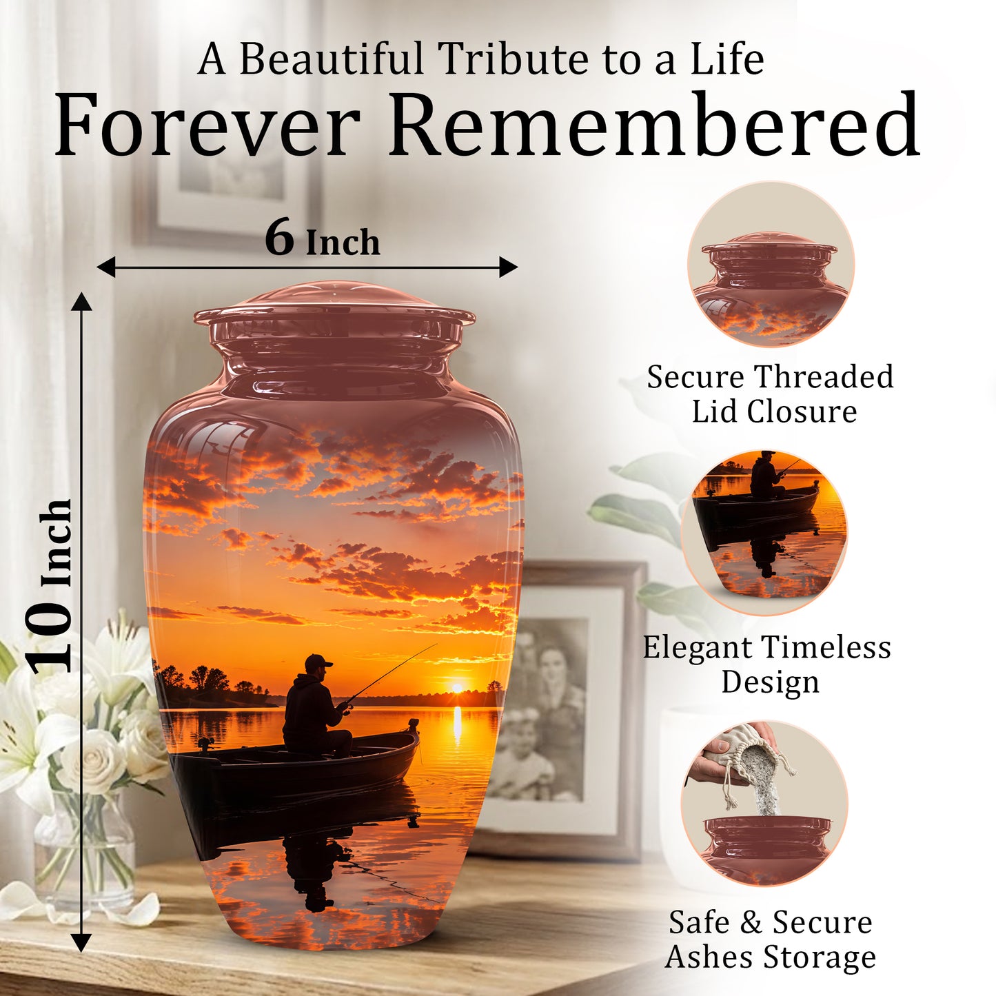 Fishing Sunset Cremation Urn - Beautiful Custom Urns For Dad On Sale