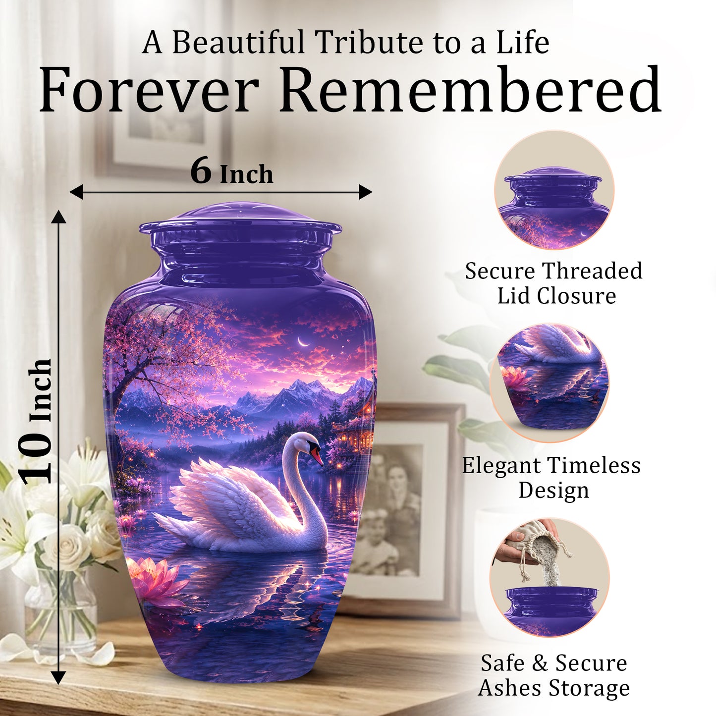 Swan & Cherry Blossom Serenade Urn - Beautiful Custom Urns For Ashes