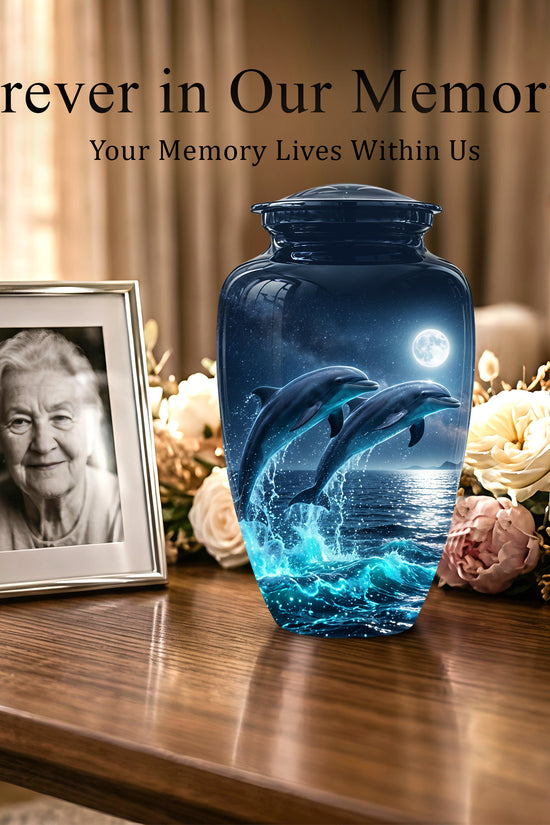Beautiful Playful Dolphin Cremation Urn - Custom Moonlight Urns For Women