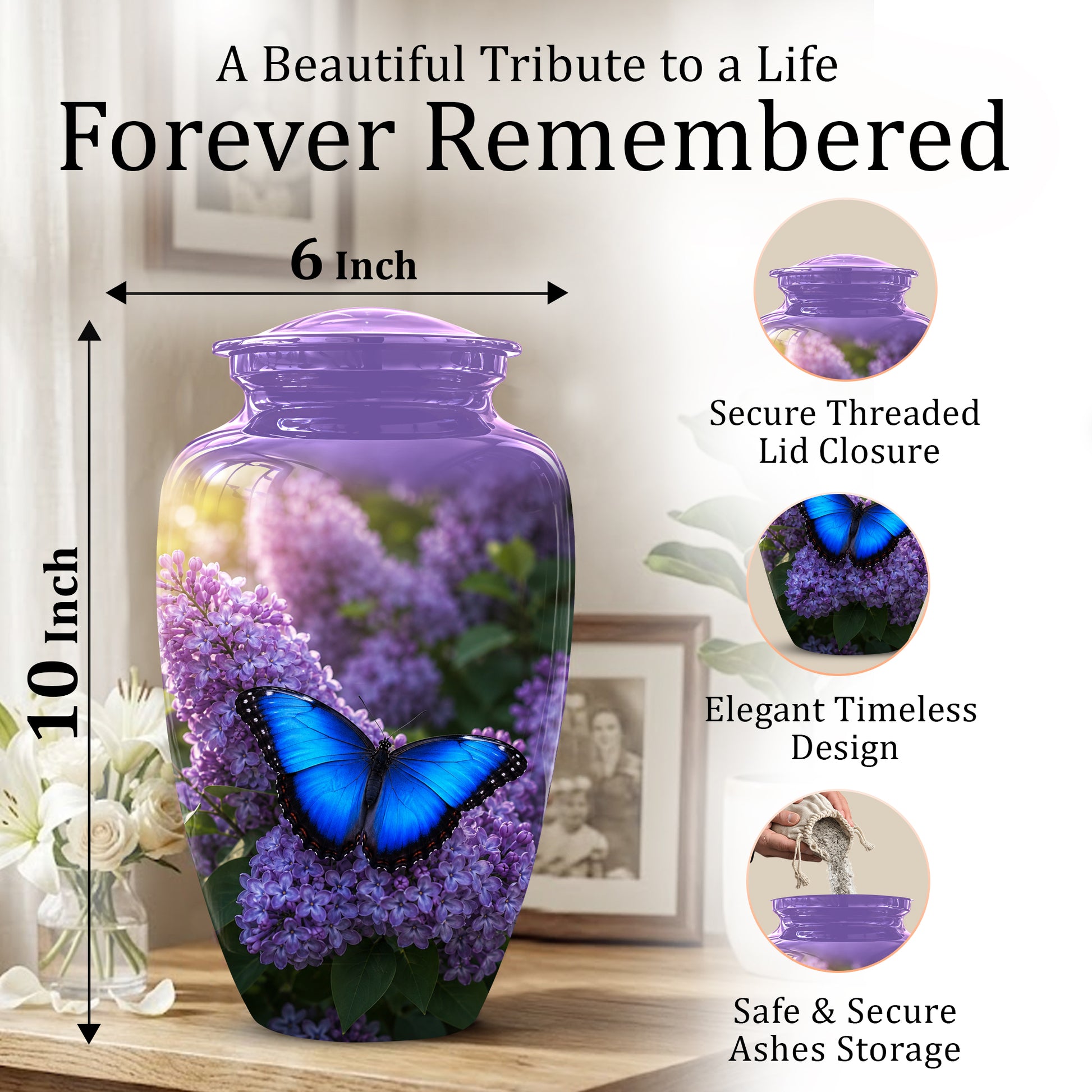 Blue Butterfly Cremation Urn - Purple Color Memorial Urns For Human Ashes