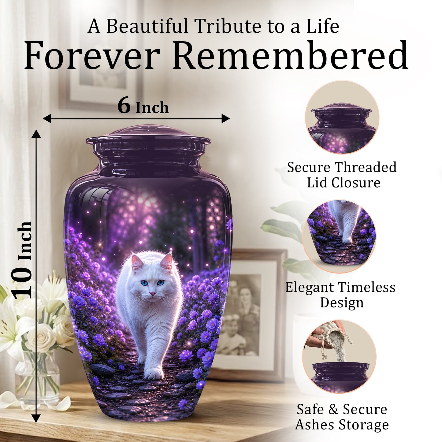 White Cat Cremation Urn - Personalized Burial Urns For Pet Ashes