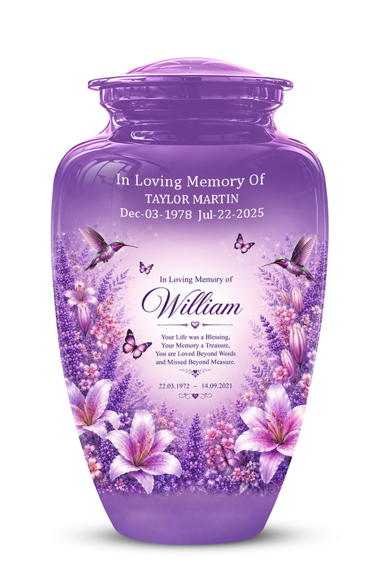 Lavender Hummingbird Urn – Purple Floral Urn for Human Ashes