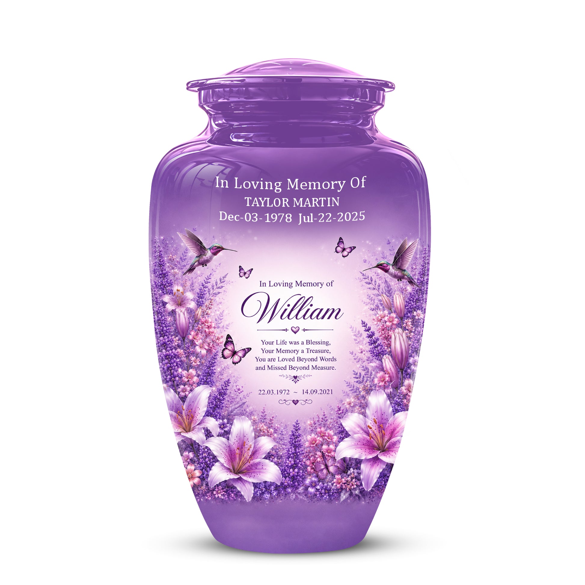 Lavender Hummingbird Urn – Purple Floral Urn for Human Ashes