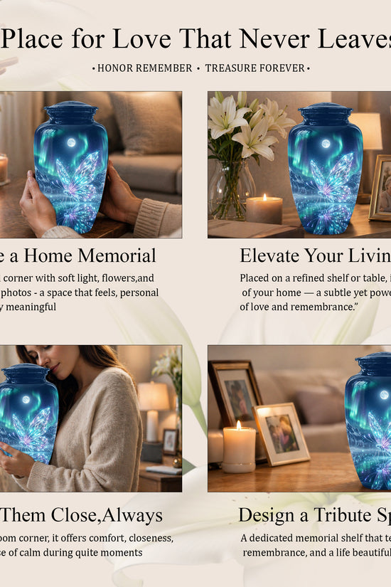 Glowing Butterfly Cremation Urn - Beautiful Blue Memorial Urns For Mom