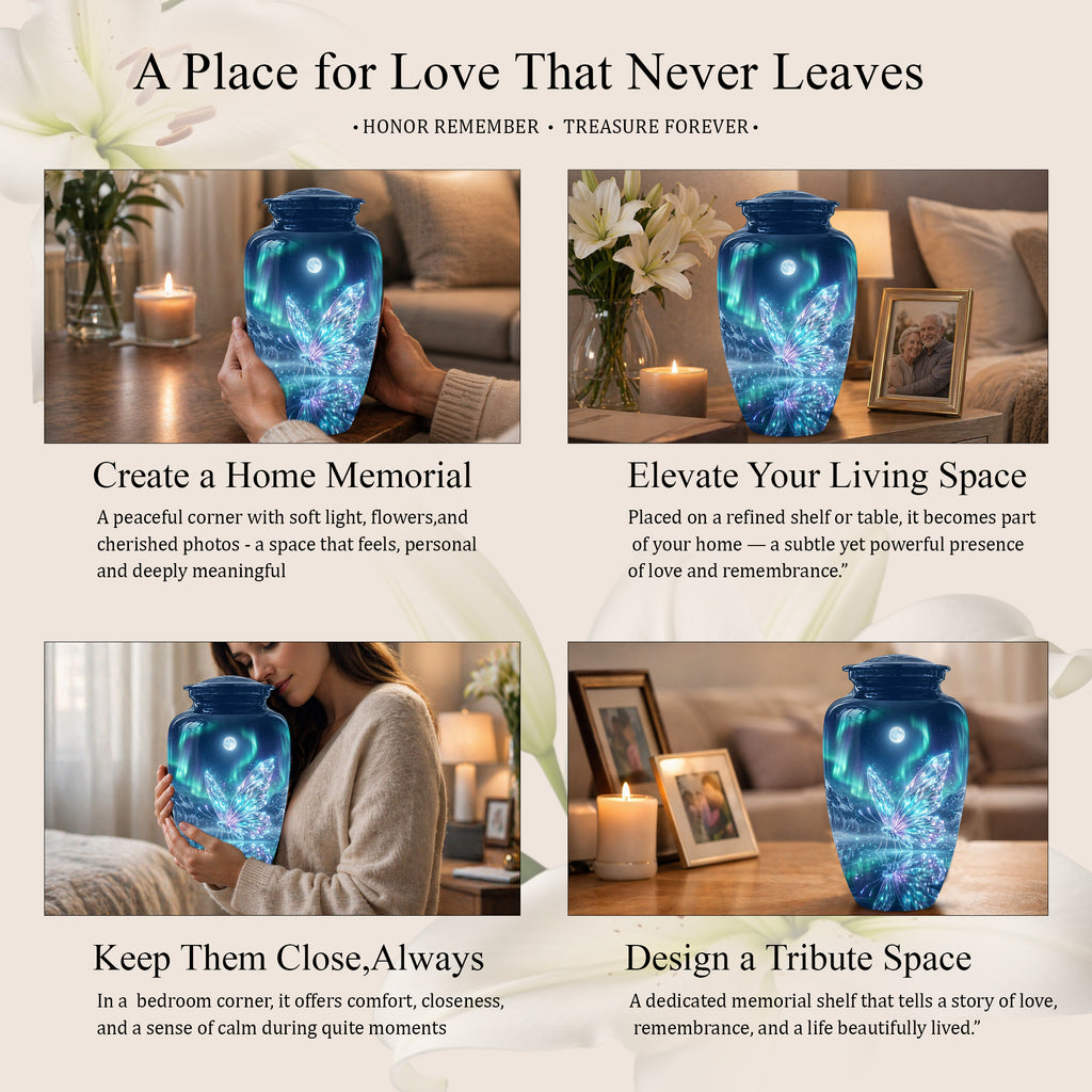 Glowing Butterfly Cremation Urn - Beautiful Blue Memorial Urns For Mom
