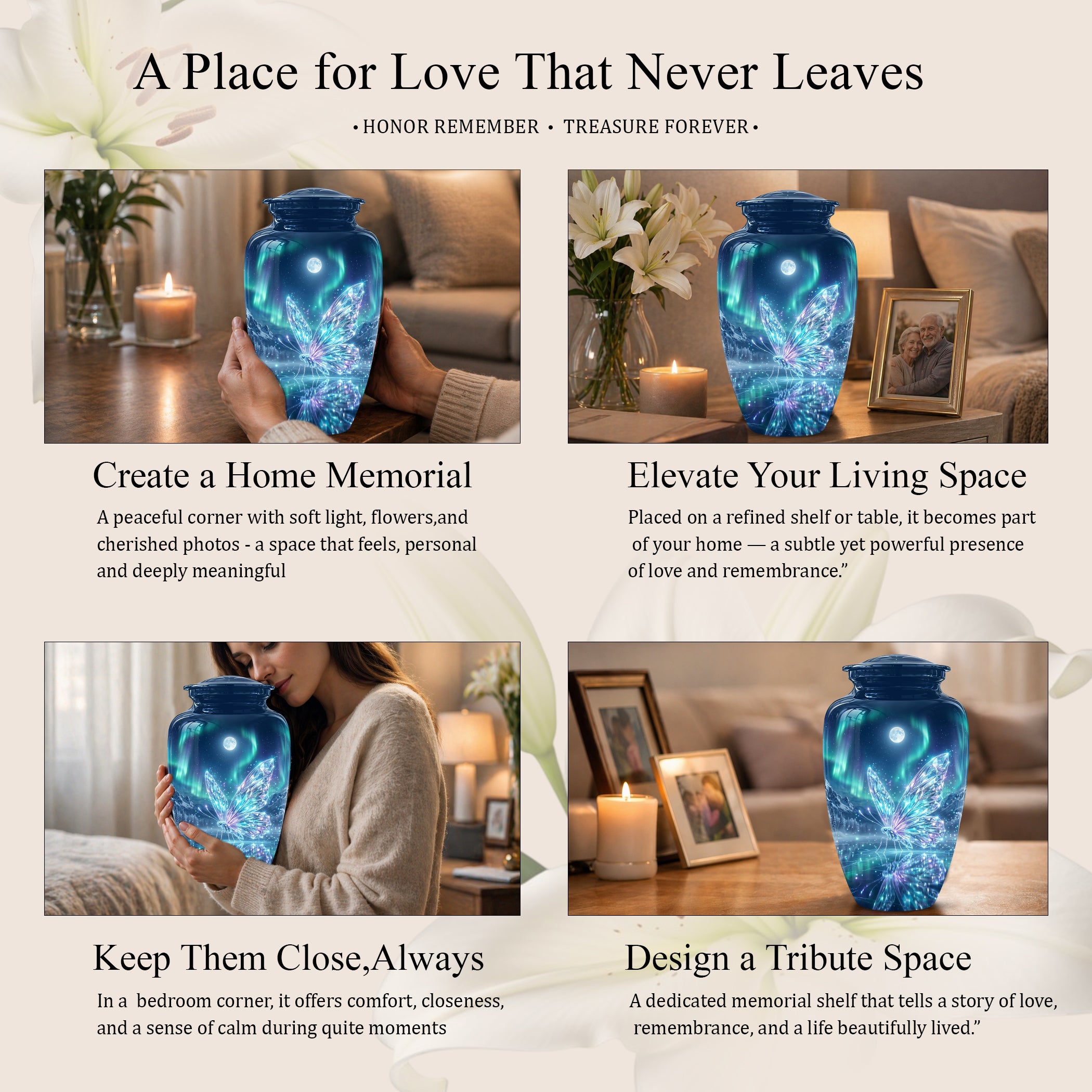 Glowing Butterfly Cremation Urn - Beautiful Blue Memorial Urns For Mom