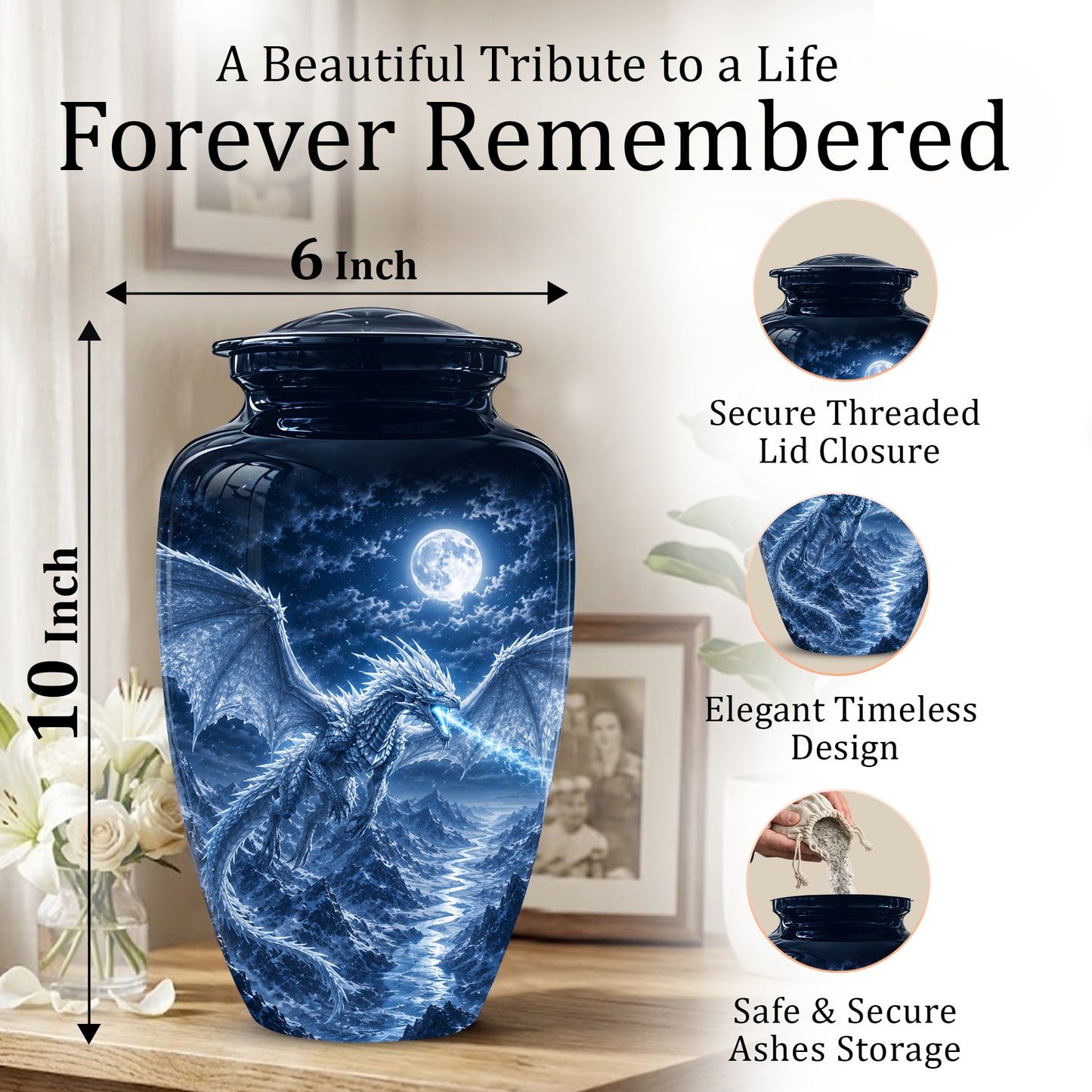 White Dragon Cremation Urn - Majestic Classic Dragon Urns For Human Ashes