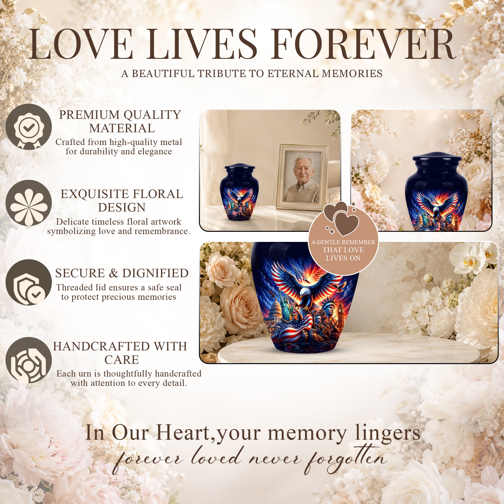 Custom Veteran Cremation Urn - American Flag & Eagle Urns For Ashes