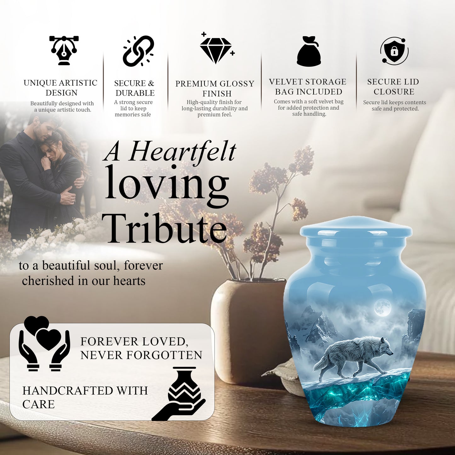 White Wolf In Snow Themed Urn - Classic Custom Urns For Human Ashes