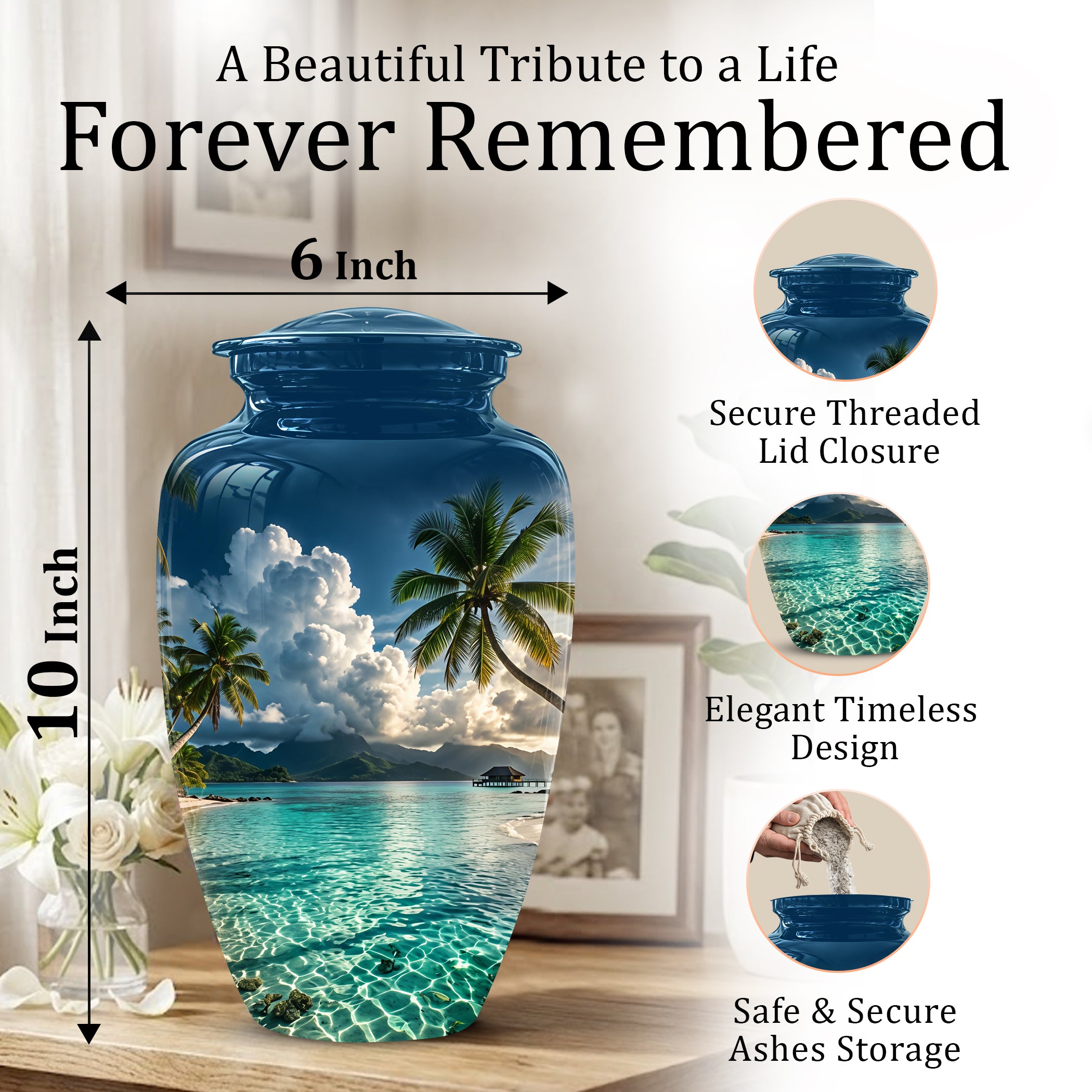 Tropical Beach Cremation Urn - Custom Memorial Urns For Women Ashes