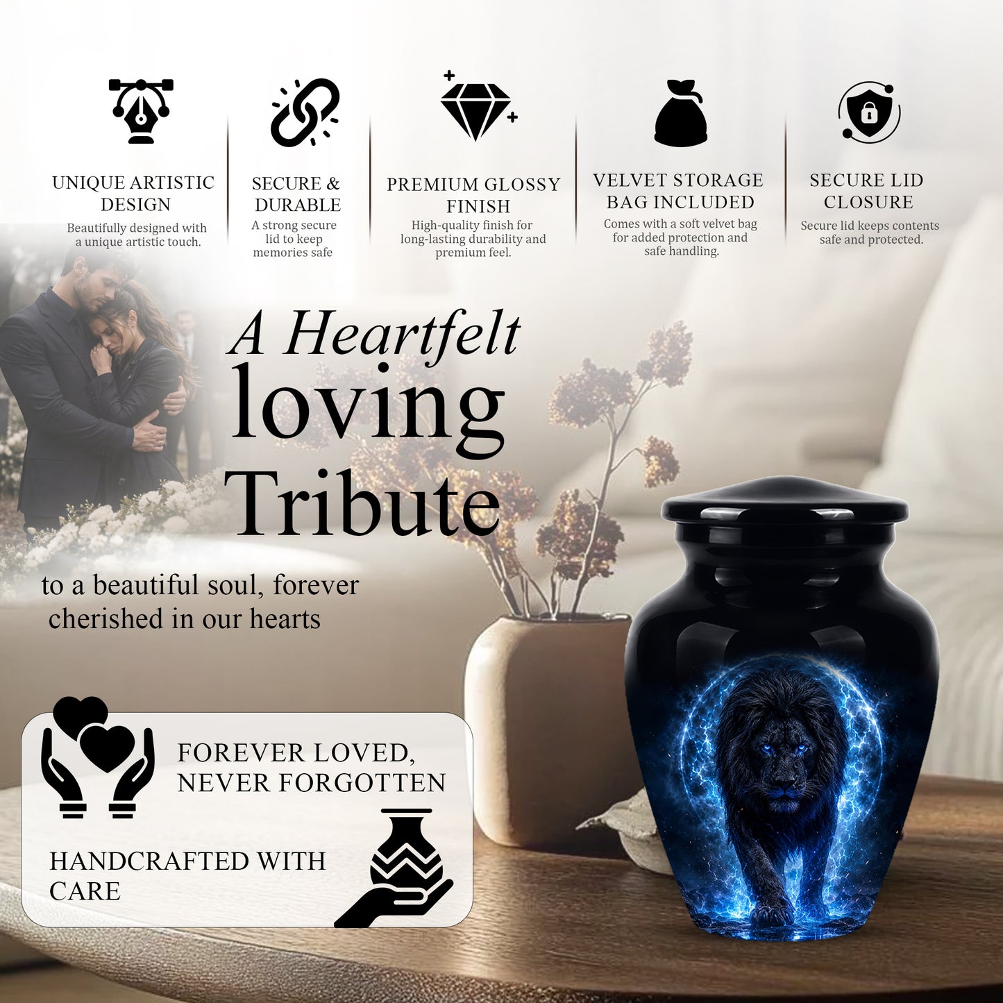 Black Lion Cremation Urns - Personalized Memorial Urns For Human Ashes