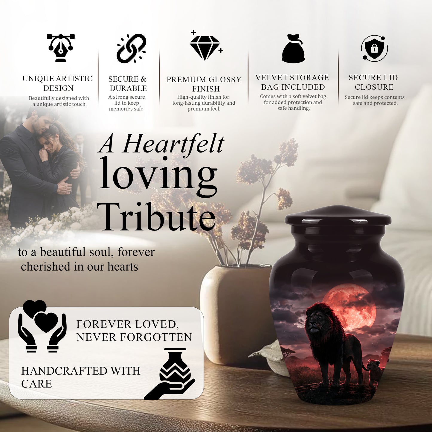 Lion Themed Cremation Urns - Blood Moon Scenic Urns For Loved Ones