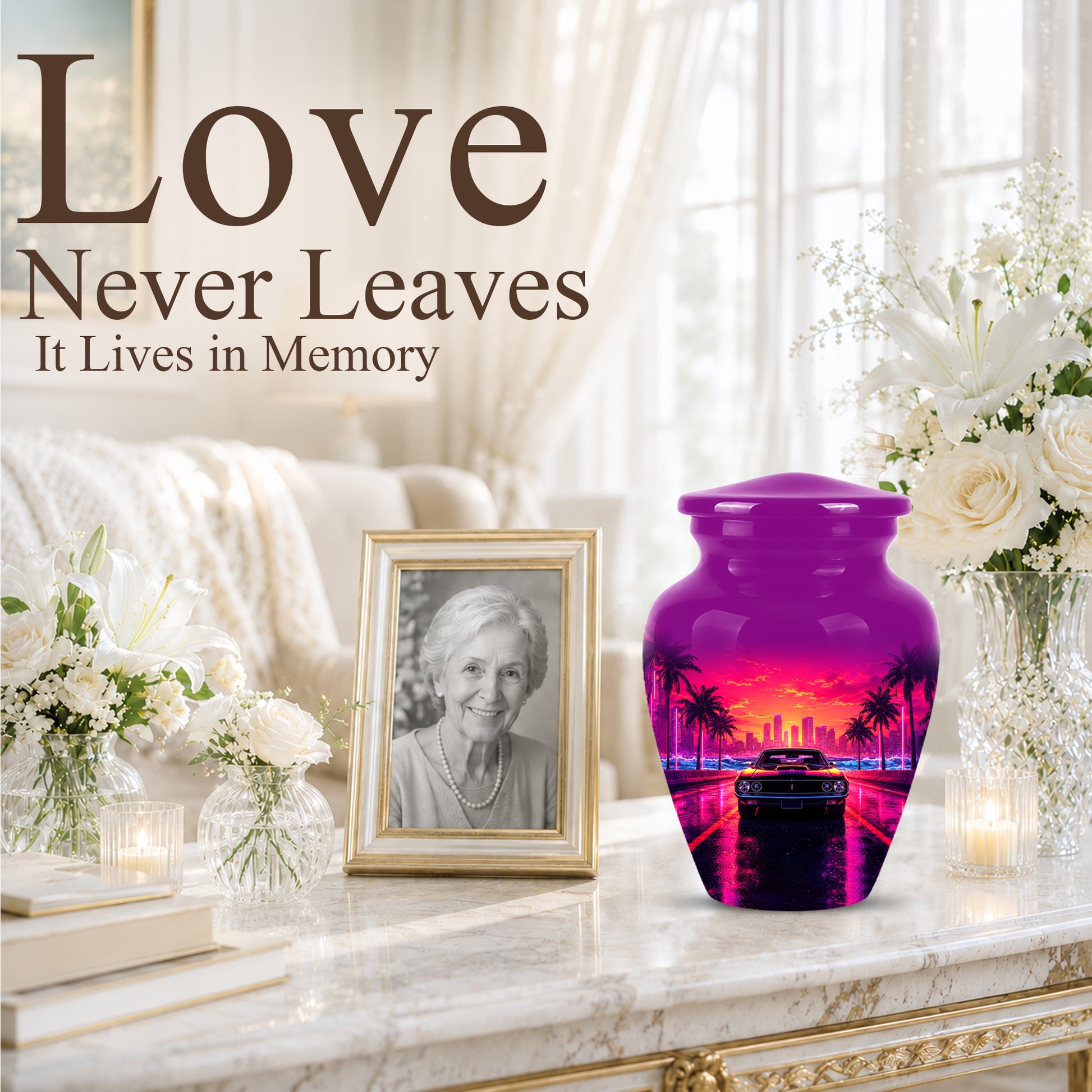 Neon Sunset Cityscape Sports Car Urn - Artistic Cremation Urn On Sale