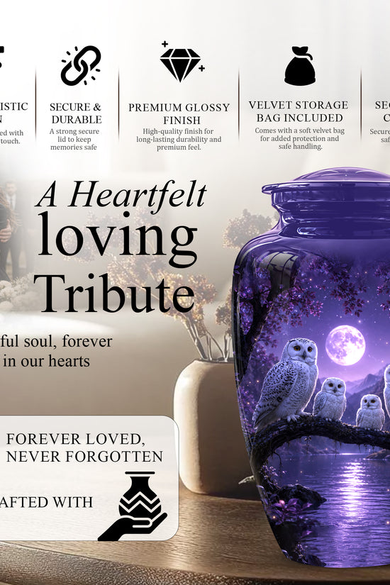 Snowy Owl Family Themed Cremation Urn - Purple Moonlight Memorial Urns