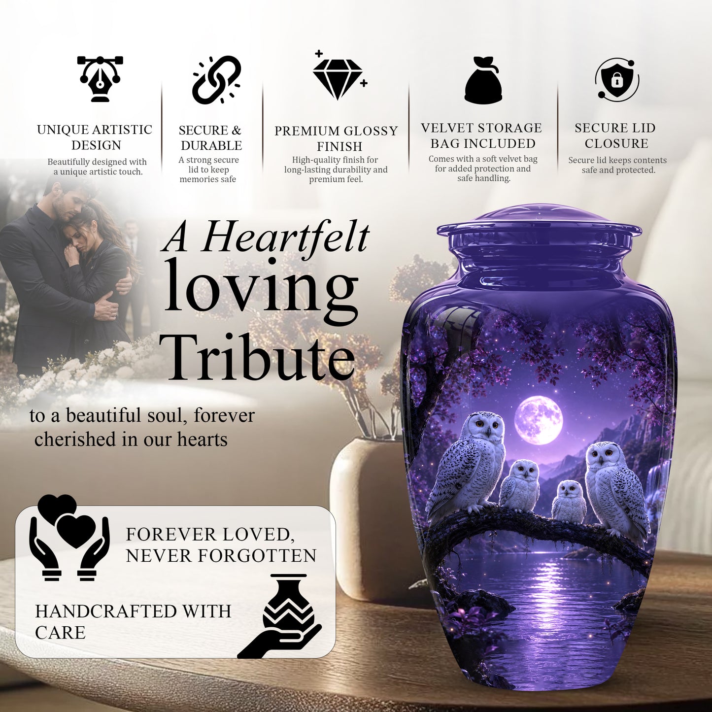 Snowy Owl Family Themed Cremation Urn - Purple Moonlight Memorial Urns