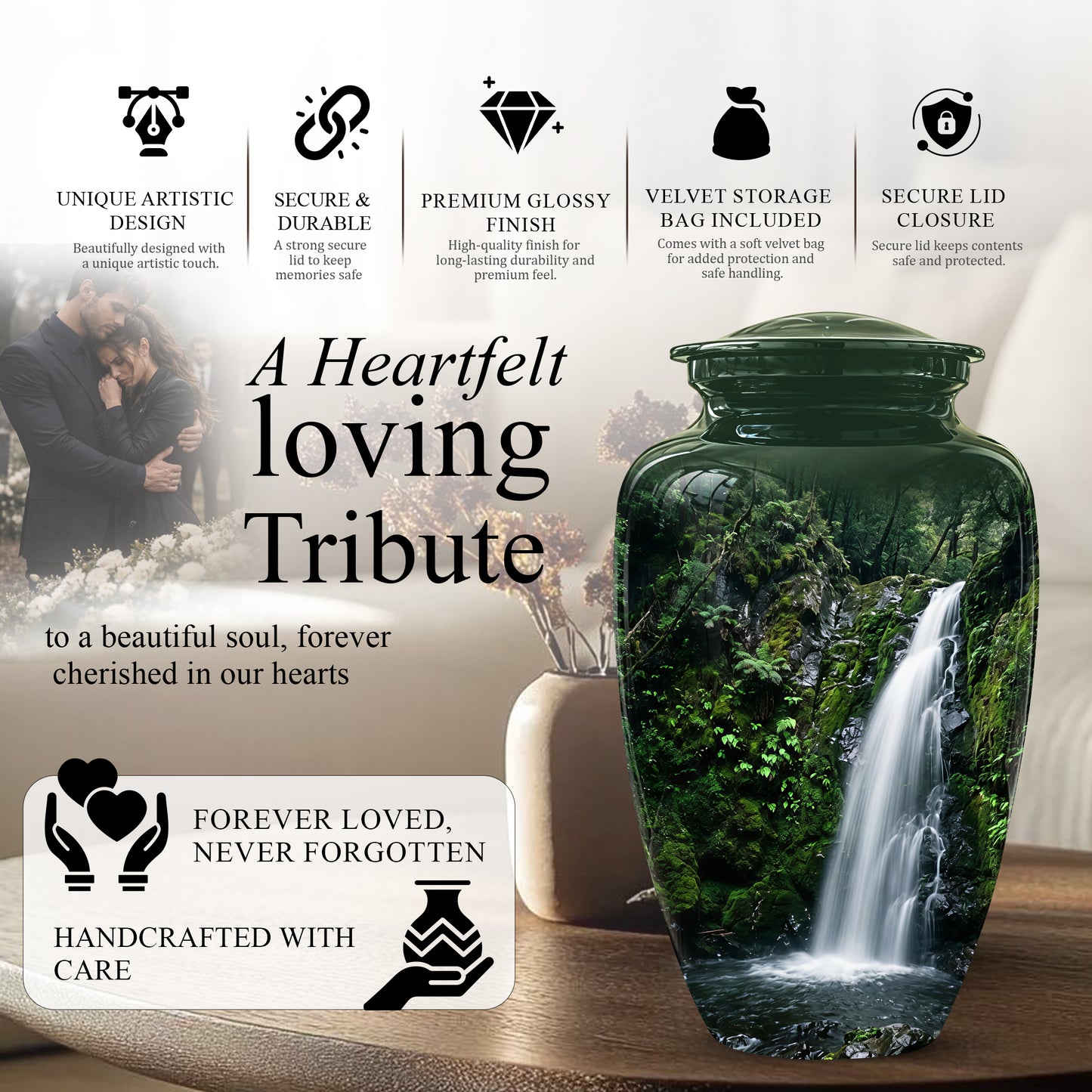 Waterfall Themed Memorial Urn - Peaceful Tribute Urn For Nature Lover