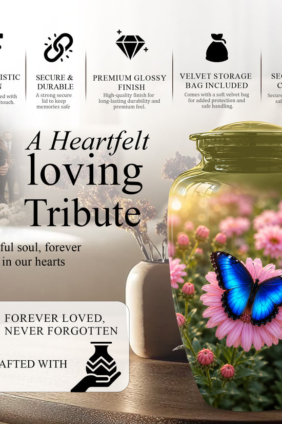 Personalized Blue Butterfly Urn - Pink Flower Memorial Urns For Ashes